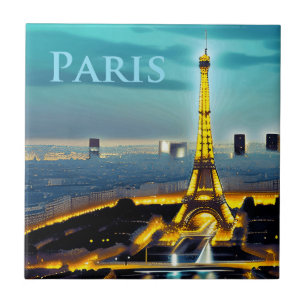 Paris Under a Turquoise Blue Twilight Sky Ceramic Tile