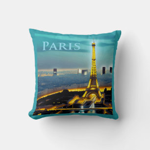 Paris Under a Turquoise Blue Twilight Sky Cushion