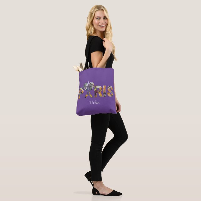 Paris Urban Art Tote Bag – Eiffel Tower Typography (On Model)