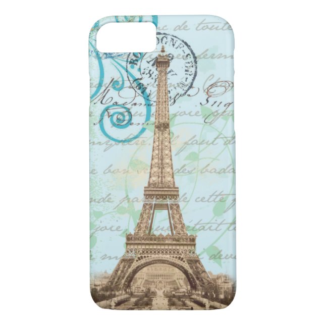 Paris Vintage French Writing Aqua iPhone 7 Case (Back)
