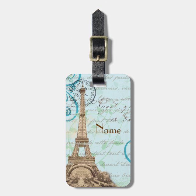 Paris Vintage French Writing Aqua Luggage Tag (Front Vertical)