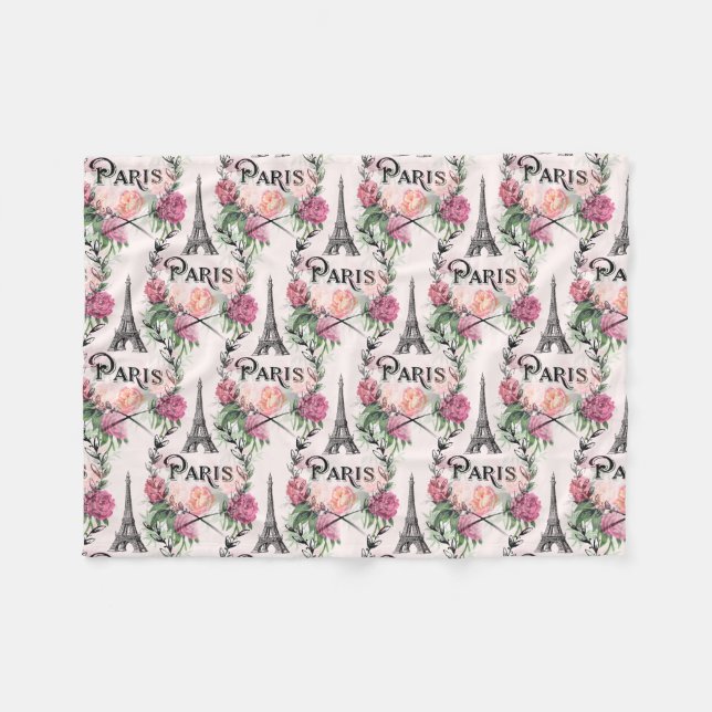 Paris Vintage Pink Roses Fleece Blanket (Front (Horizontal))