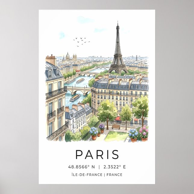 Paris Wall Art Print Fine Line Cityscape - Black (Front)
