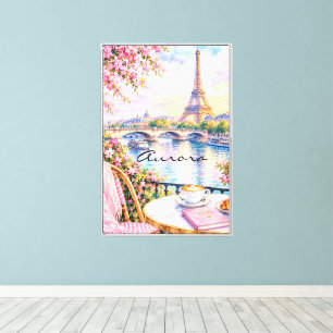 Paris Watercolor Eiffel Tower Pink Floral French Canvas Print