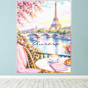 Paris Watercolor Eiffel Tower Pink Floral French Canvas Print