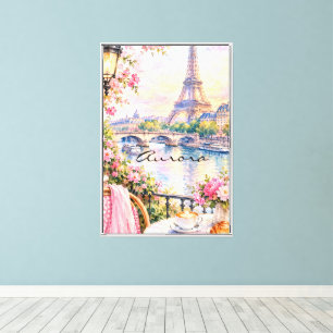 Paris Watercolor Eiffel Tower Pink Floral French Canvas Print