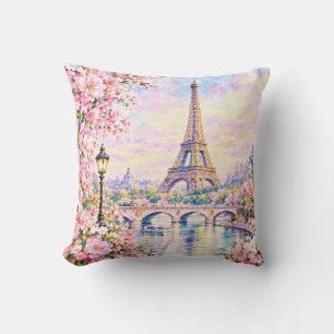 Paris Watercolor Eiffel Tower Pink Floral French Cushion
