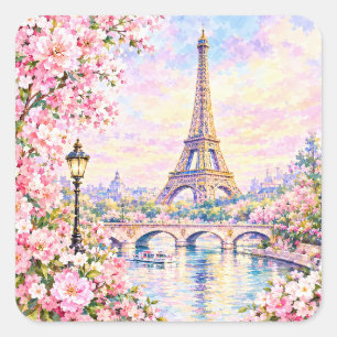 Paris Watercolor Eiffel Tower Pink Floral French Square Sticker