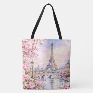 Paris Watercolor Eiffel Tower Pink Floral French Tote Bag