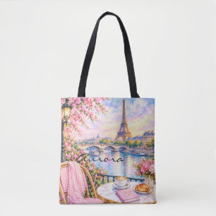 Paris Watercolor Eiffel Tower Pink Floral French Tote Bag