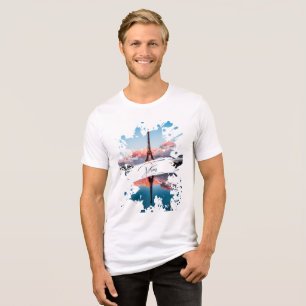 Paris Watercolor Splash Art T-Shirt Eiffe Tower Tri-Blend Shirt