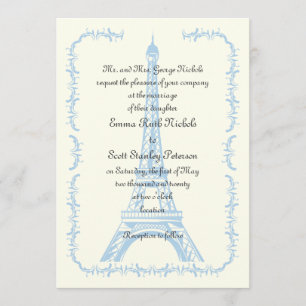 Paris wedding blue Eiffel Tower ivory invitation