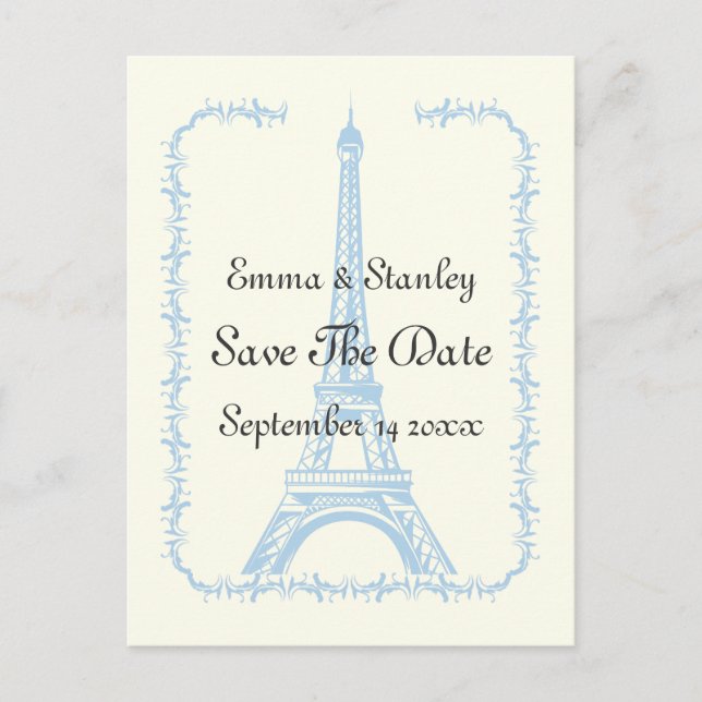 Paris wedding blue Eiffel Tower Save the Date Announcement Postcard (Front)