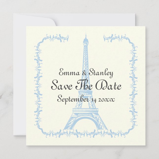 Paris wedding blue Eiffel Tower Save the Date card (Front)