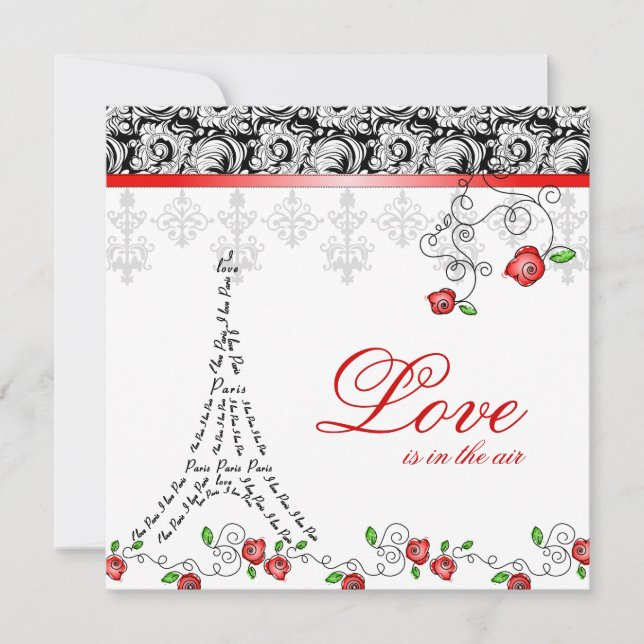 Paris Wedding Invitation Red Roses Black White (Front)