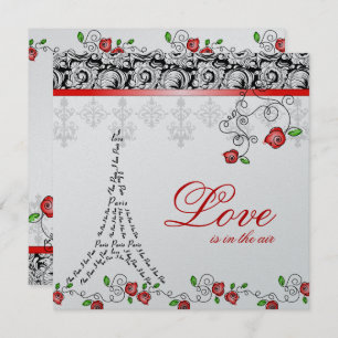 Paris Wedding Invite Red Roses Silver Black White
