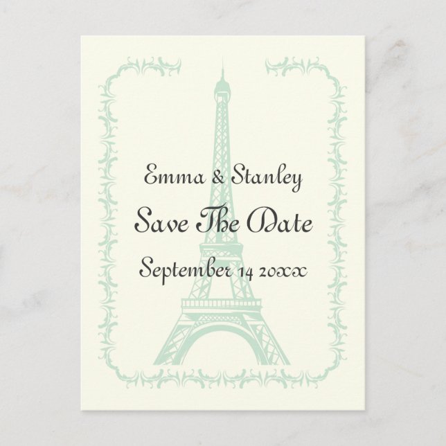Paris wedding mint Eiffel Tower Save the Date Announcement Postcard (Front)
