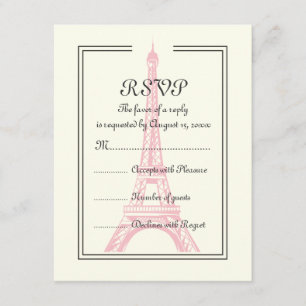 Paris wedding pink Eiffel Tower on ivory RSVP card