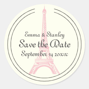 Paris wedding pink Eiffel Tower Save the Date Classic Round Sticker