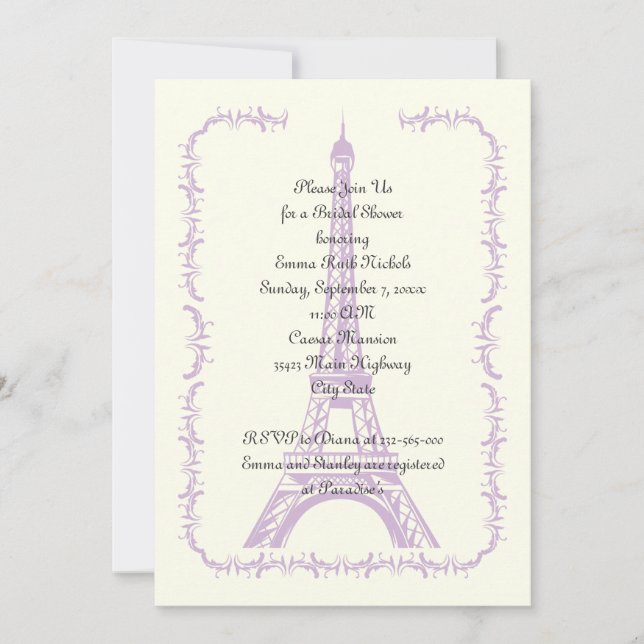 Paris wedding purple Eiffel Tower bridal shower Invitation (Front)