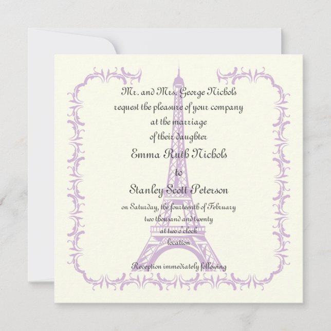 Paris wedding purple Eiffel Tower ivory invitation (Front)