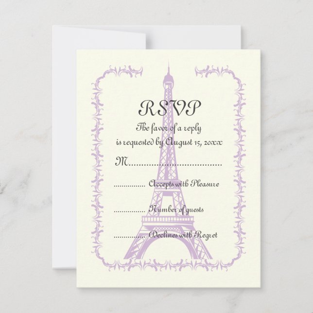 Paris wedding purple Eiffel Tower on ivory RSVP (Front)