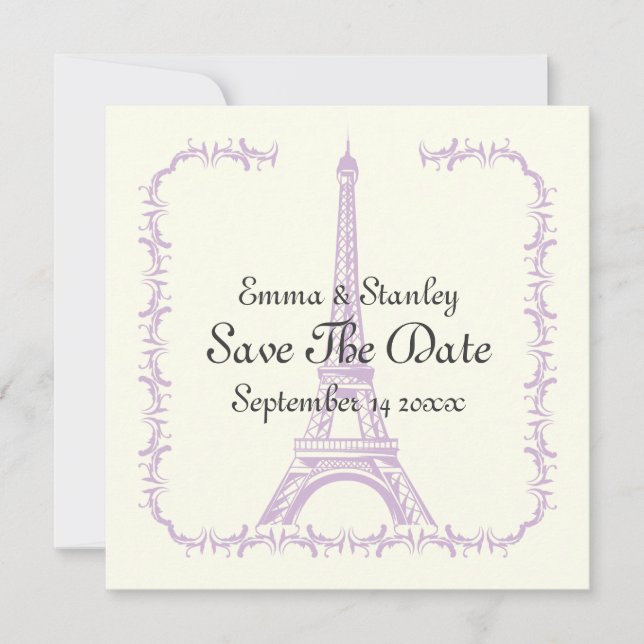 Paris wedding purple Eiffel Tower Save the Date (Front)