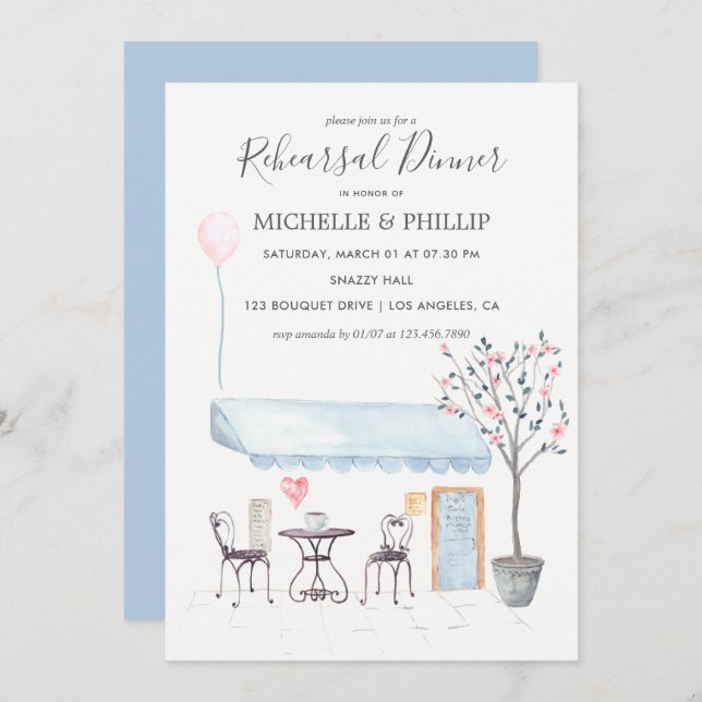 Paris Wedding Rehearsal Dinner watercolor floral Invitation (Front/Back)