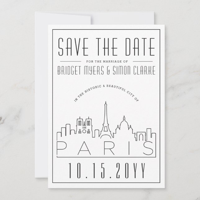 Paris Wedding | Stylised Skyline Save the Date Invitation (Front)
