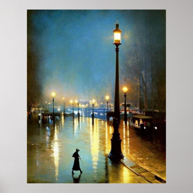 Paris wet evening lamps Big lamp Impressionism  Poster (Front)