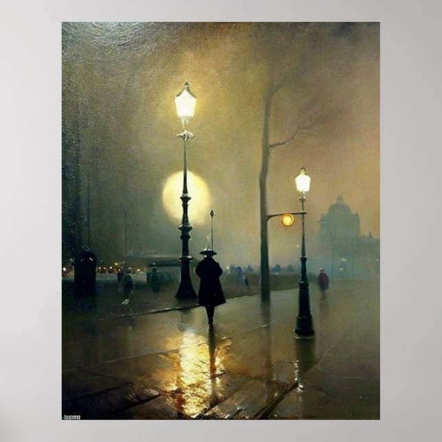 Paris wet evening lamps Impressionism  Poster (Front)
