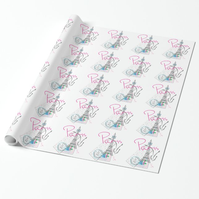 "Paris with Love and Eiffel Tower Wrapping Paper (Unrolled)