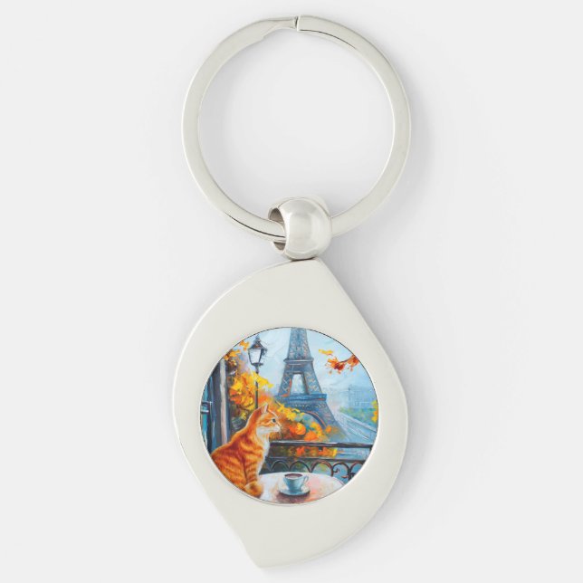 Parisian Autumn | Ginger Cat at a Cafe Key Ring (Front)