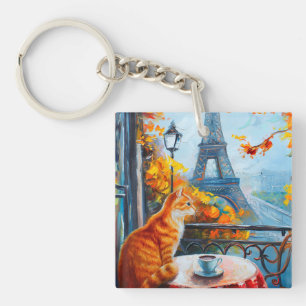 Parisian Autumn   Ginger Cat at a Cafe Key Ring
