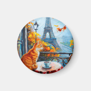 Parisian Autumn Ginger Cat at a Cafe Magnet
