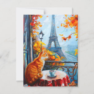 Parisian Autumn   Ginger Cat at a Cafe Postcard