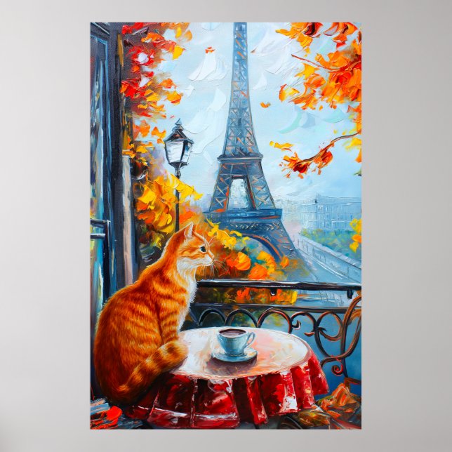 Parisian Autumn | Ginger Cat at a Cafe Poster (Front)