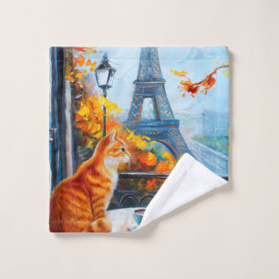 Parisian Autumn Ginger Cat at a Cafe Wash Cloth