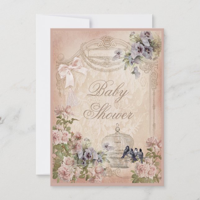 Parisian Birdcage, Birds and Flowers Baby Shower Invitation (Front)