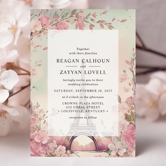 Parisian Blossom Eiffel Tower Paris Wedding Invitation (Creator Uploaded)