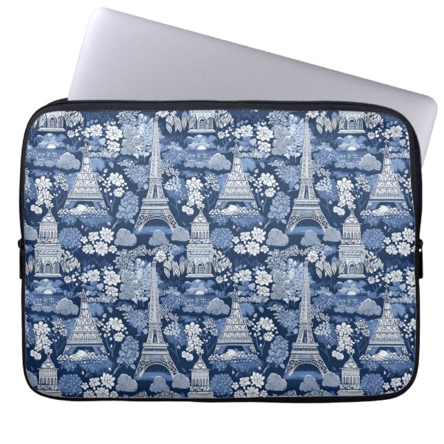 Parisian Blue Toile patterned fabric Laptop Sleeve (Front)