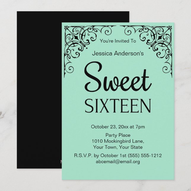 Parisian Boutique Mint Green Black Sweet Sixteen Invitation (Front/Back)