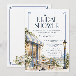 Parisian Cafe Blue Bow Lantern Bridal Shower Invitation