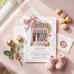 Parisian Cafe Bonjour Bebe Pink Bow Baby Shower Invitation