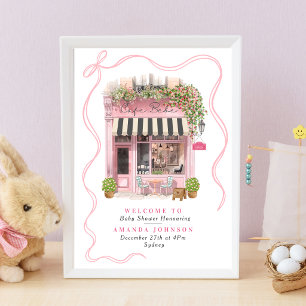 Parisian Cafe Bonjour Bebe Pink Bow Baby Shower Poster