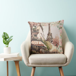 Parisian Cafe Eiffel Tower Blush Pink French Roses Cushion