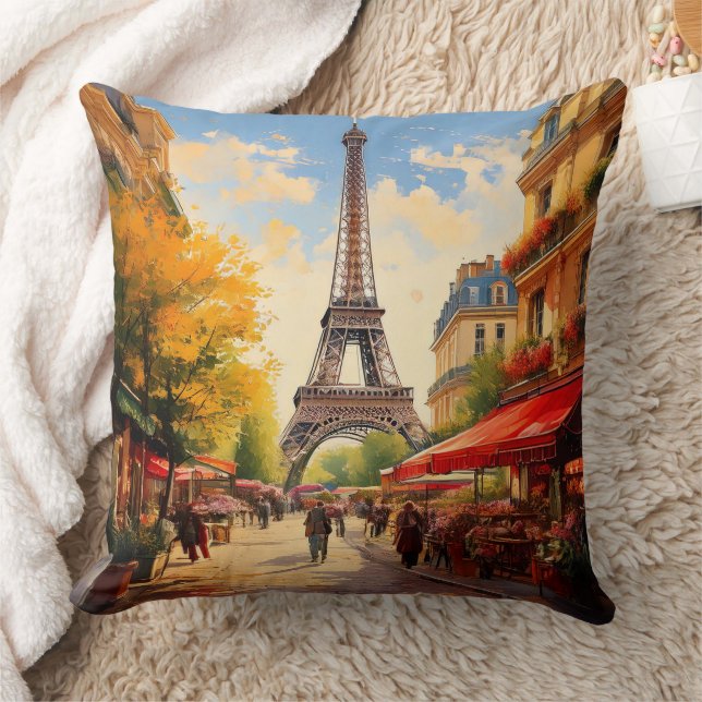 Parisian Cafe Flower Shops Eiffel Tower Scenery Cushion (Blanket)
