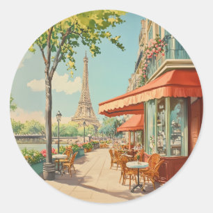 Parisian Café with Eiffel View Classic Round Sticker