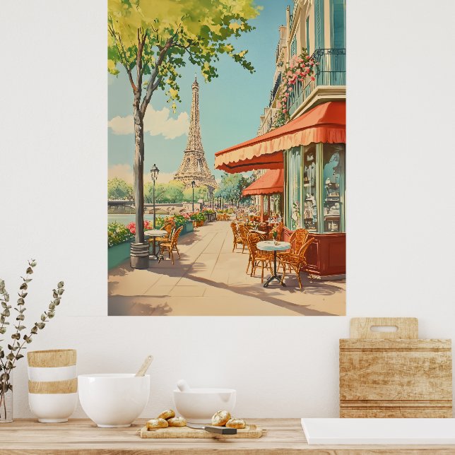Parisian Café with Eiffel View Poster (Kitchen)