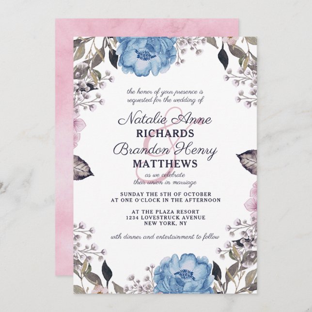 Parisian Charm Blue & Pink Floral Border Wedding Invitation (Front/Back)